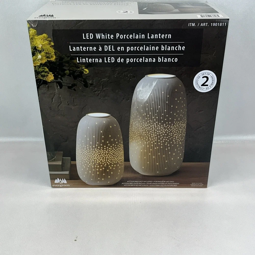 Evergreen LED Porcelain Lantern WHITE Set of 2 NEW IN BOX USB RECHARGEABLE